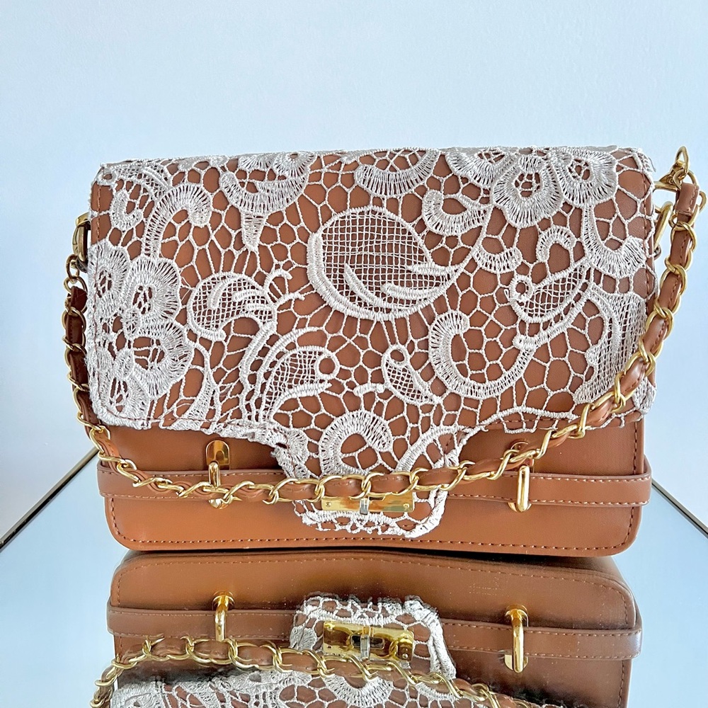 Lace convertible shoulder/crossbody brown bag